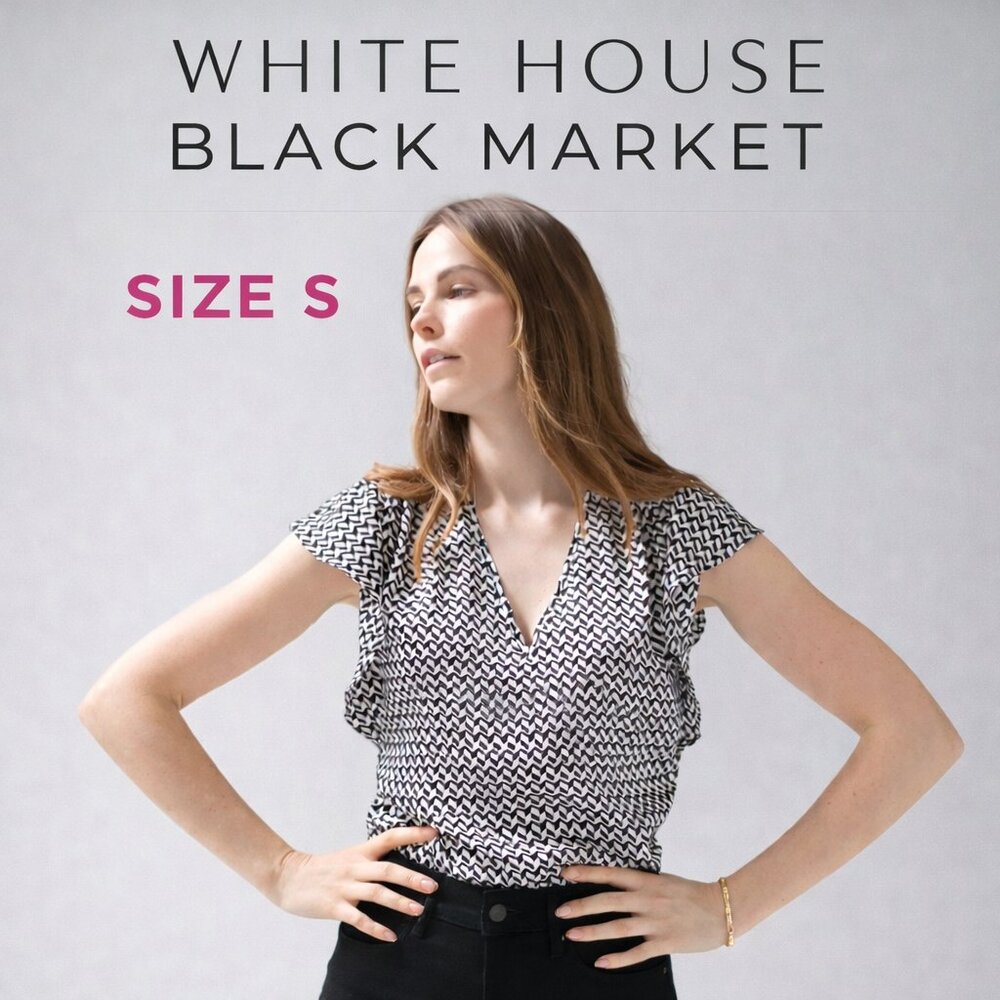 SOLD White House Black Market V-Neck Geometric Print Flutter Sleeve Blouse, S